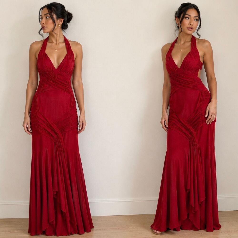 Vintage Cache Womens Halter Maxi Dress Formal Gown 4 Red Backless Sexy HOCO Prom